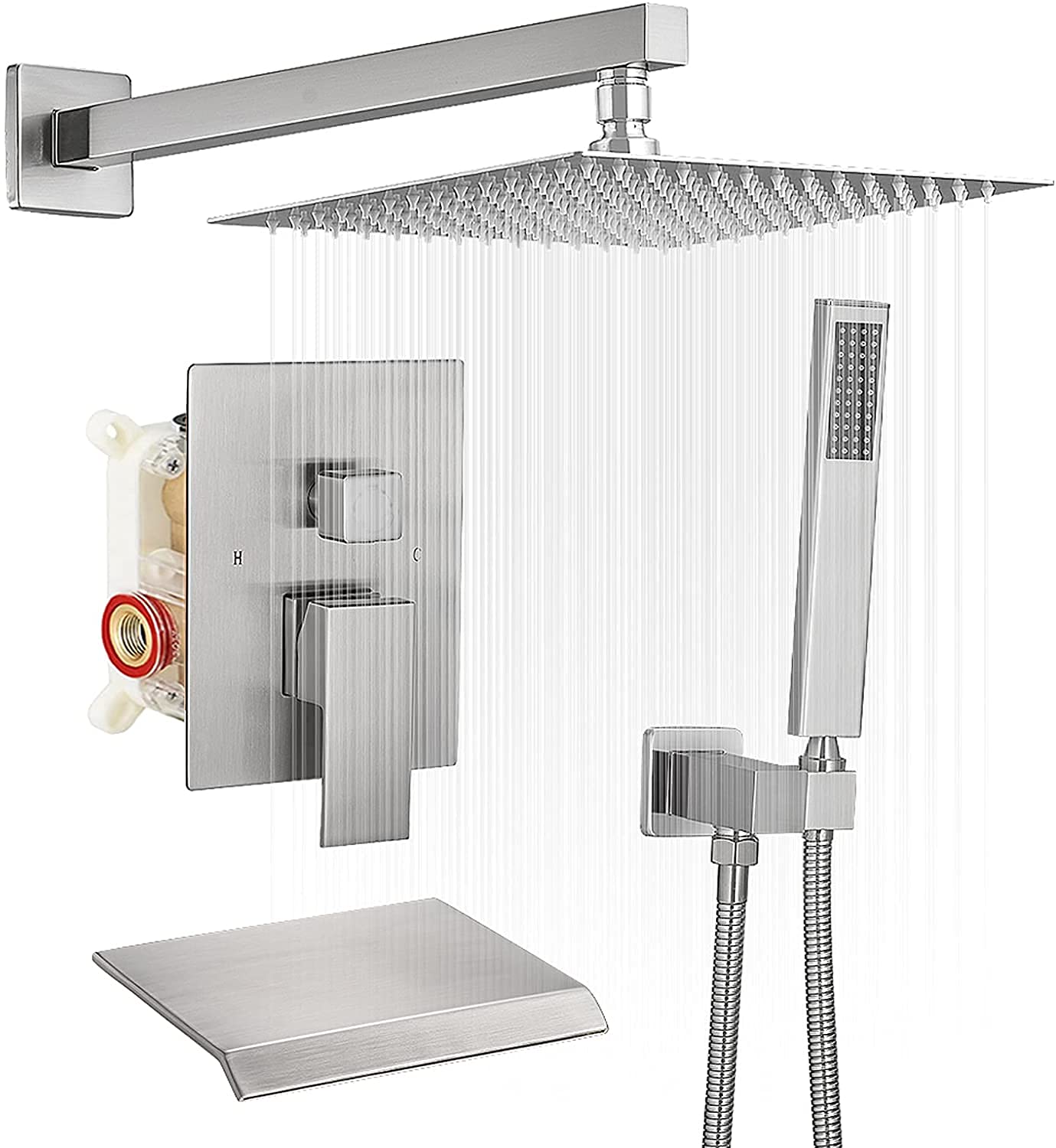 BWE 12 Inch Shower System Brushed Nickel Waterfall Faucet Tub Complete with Spout Set Square Luxury Rain Mixer Pressure Balancing 3-Function Wall Mount Rainfall Rough-in Valve Body and Trim Included