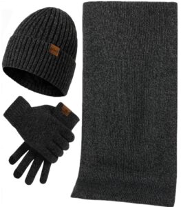 winter hat scarf glove set for men men's 3 pcs touchscreen anti-slip gloves knit stretchy beanie hat and long scarf set(dark gray)