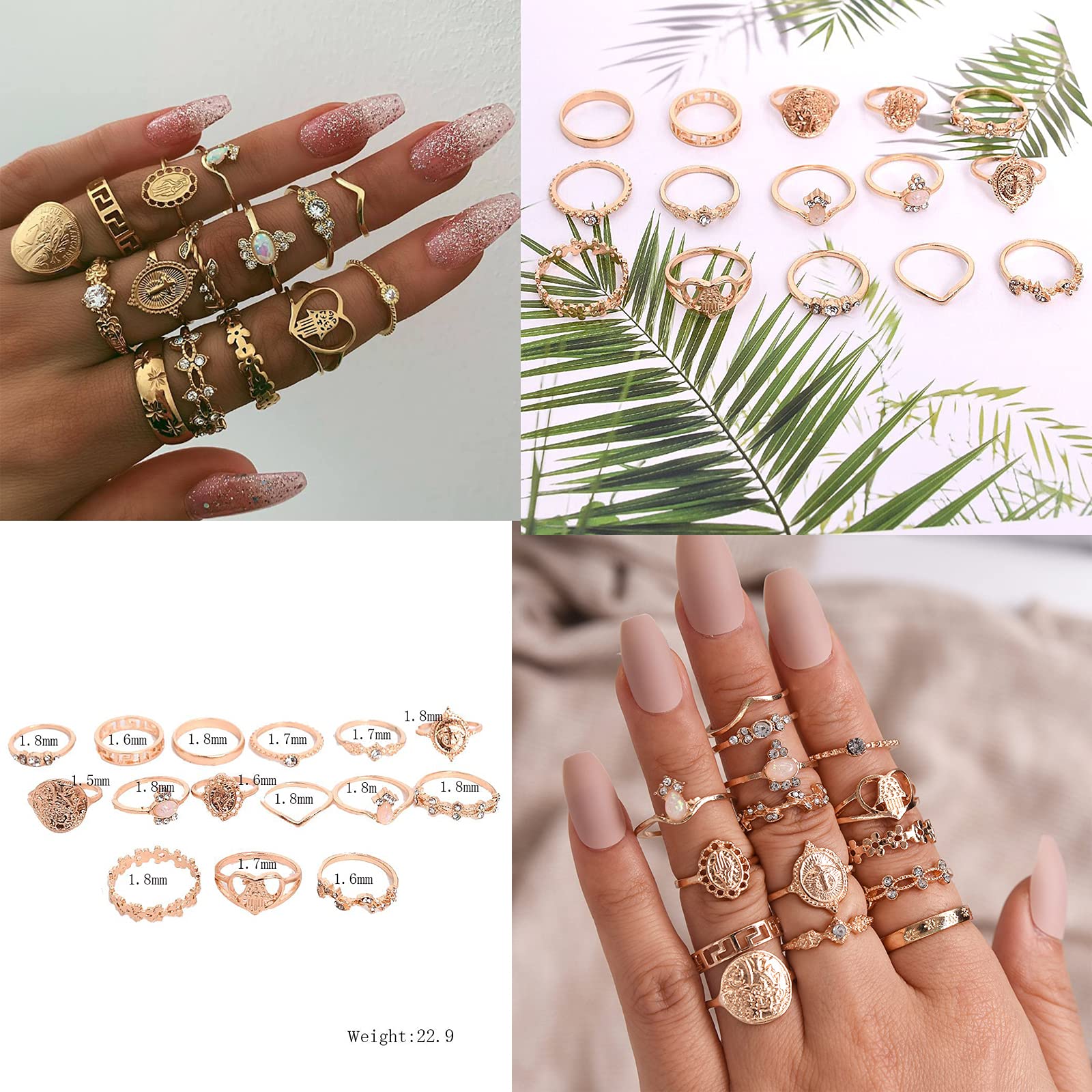 CJIAYUJEW 62 Pcs Vintage Gold Knuckle Rings Set,Stackable Finger Rings Vintage Knuckle Rings Set,Bohemian Hollow Carved Flowers Gold Rings Midi Rings for Women Grils Crystal Joint Rings (Gold-62pcs)