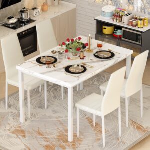 dklgg dining table set for 4, 5 piece kitchen table set with pu leather chairs space-saving faux marble dining room table set for 4 for small home kitchen, apartment