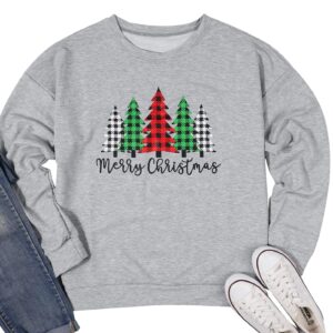 Merry and Bright Shirt Women Funny Leopard Printed Plaid Christmas Trees Long Sleeve Sweatshirts Xmas Graphic Tees