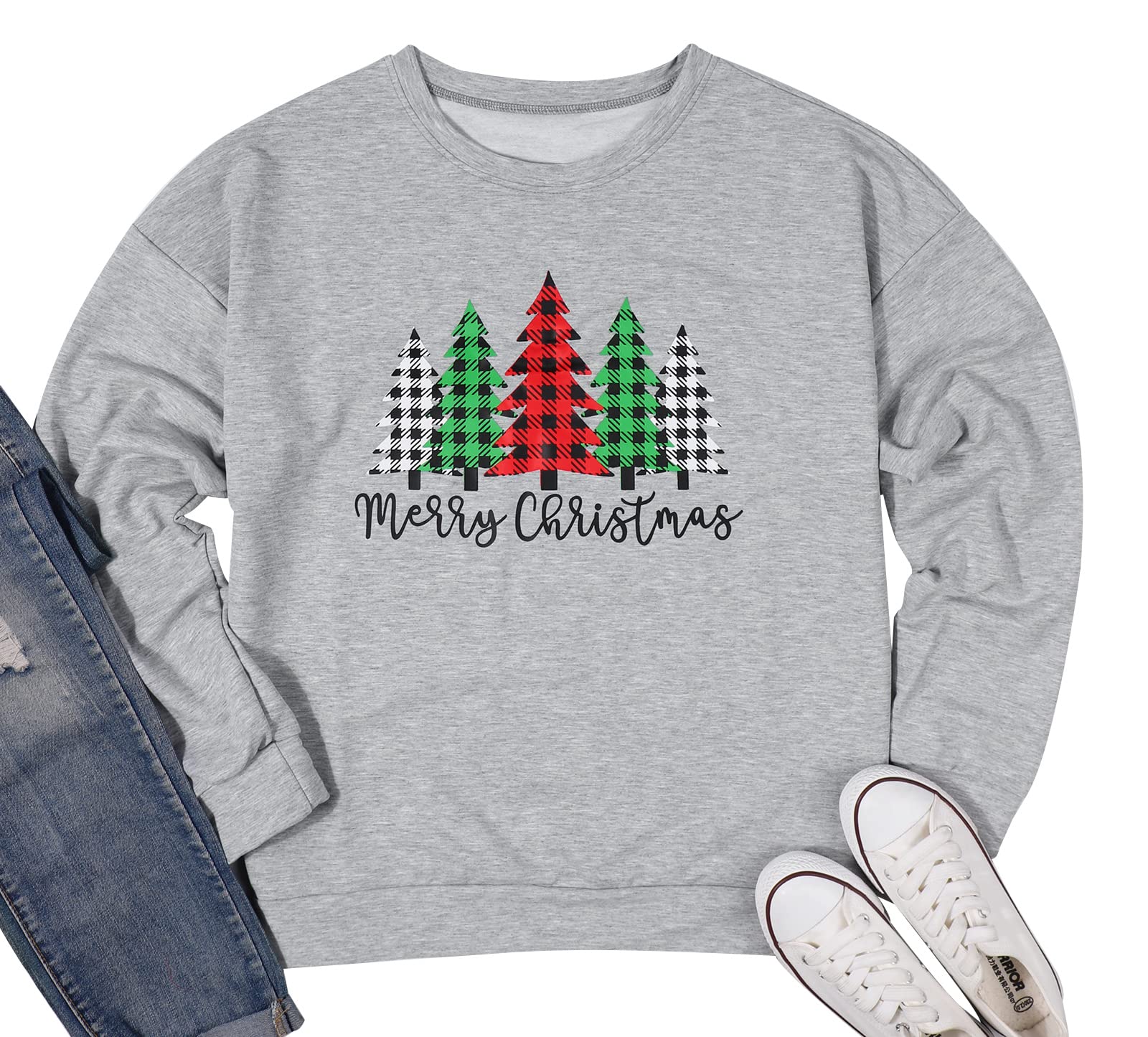 Merry and Bright Shirt Women Funny Leopard Printed Plaid Christmas Trees Long Sleeve Sweatshirts Xmas Graphic Tees