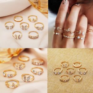 CJIAYUJEW 62 Pcs Vintage Gold Knuckle Rings Set,Stackable Finger Rings Vintage Knuckle Rings Set,Bohemian Hollow Carved Flowers Gold Rings Midi Rings for Women Grils Crystal Joint Rings (Gold-62pcs)