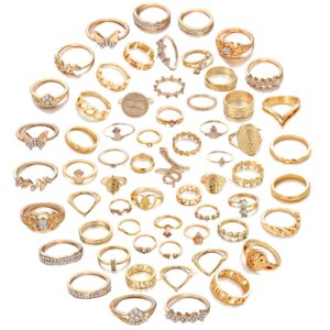 CJIAYUJEW 62 Pcs Vintage Gold Knuckle Rings Set,Stackable Finger Rings Vintage Knuckle Rings Set,Bohemian Hollow Carved Flowers Gold Rings Midi Rings for Women Grils Crystal Joint Rings (Gold-62pcs)