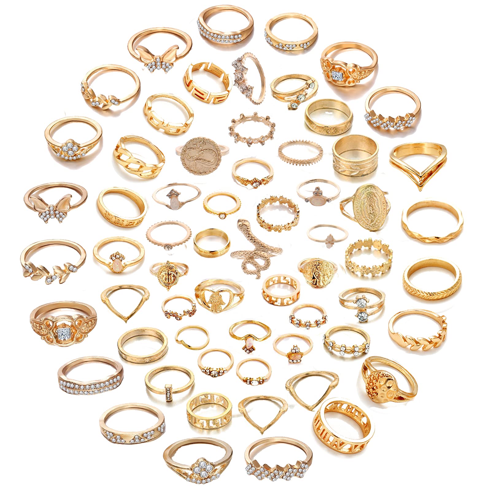 CJIAYUJEW 62 Pcs Vintage Gold Knuckle Rings Set,Stackable Finger Rings Vintage Knuckle Rings Set,Bohemian Hollow Carved Flowers Gold Rings Midi Rings for Women Grils Crystal Joint Rings (Gold-62pcs)