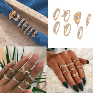 CJIAYUJEW 62 Pcs Vintage Gold Knuckle Rings Set,Stackable Finger Rings Vintage Knuckle Rings Set,Bohemian Hollow Carved Flowers Gold Rings Midi Rings for Women Grils Crystal Joint Rings (Gold-62pcs)