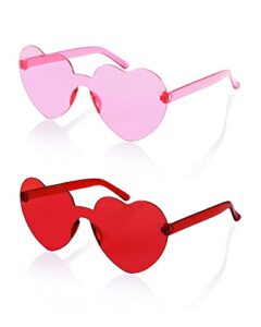 feisedy 2 pack rimless heart shaped sunglasses party glasses disco one piece transparent trendy love glasses b2826-f2