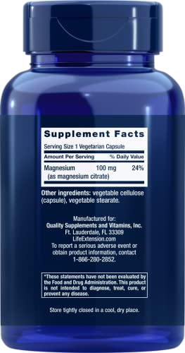 Life Extension Magnesium Citrate 100mg, 180 Veg Caps - Natural Mag Supplement - 100 mg Mineral Support Capsules - Vegan, Vegetarian, Non-GMO