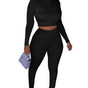 Kaximil Women's Workout Tracksuit 2 Piece Outfits Long Sleeve Crop Top High Waist Legging Pants Set, X-Large, Black