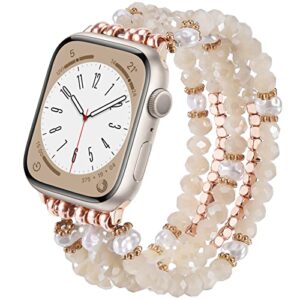 v-moro beaded bracelet compatible with 41mm/40mm series 7/6 apple watch bands natural pearl beads handmade elastic stretch strap for iwatch series se/5/4/3/2/1(38/40/41mm,cream)for 5.5"-6.3"wrist