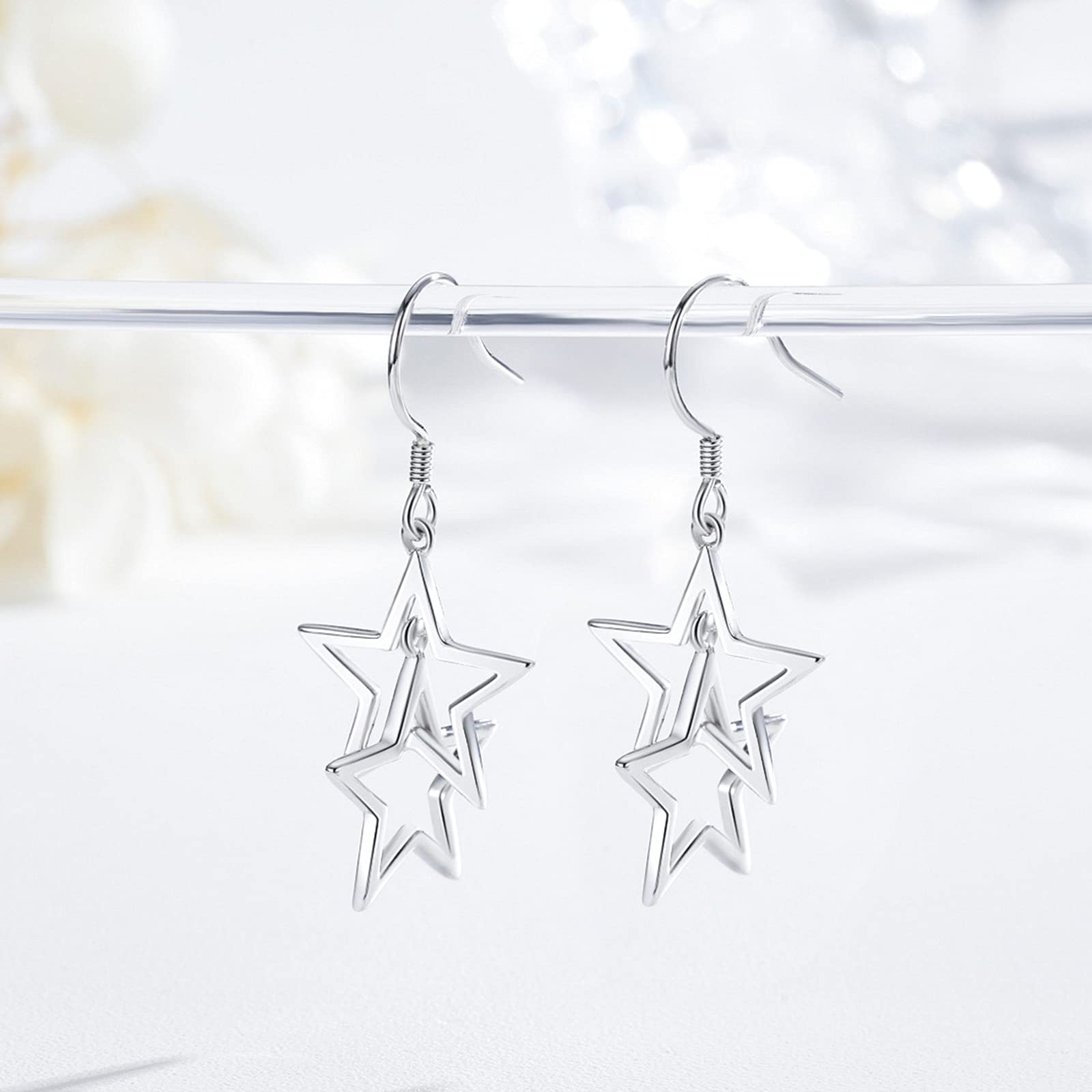 Dangle Star Earrings Sterling Silver Star Drop Earrings Interlocking Earrings Star Earrings for Women Teen