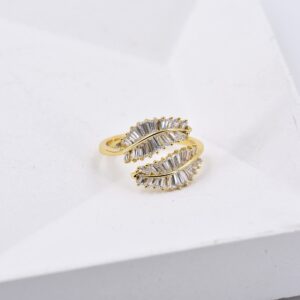 Vescence 18K Gold Plated CZ Open Ring Double Leaf Wrap Rings Adjustable | CZ Stacking Ring in Gold | Unique Statement Ring Cocktail Party Ring Hypoallergenic (VES-2021-R-2-L)