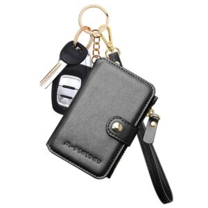 wallet,m-plateau womens wallet pu leather keychain wallet with zipper coin pocket and id window and removeable wrist strap gift box (black)