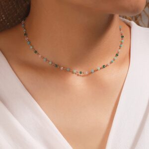 Jumwrit Bohemian Beaded Choker Necklaces Dainty Green Cubic Crystal Necklaces Boho Summer Beach Jewelry Prom Party Festival Necklaces Gift for Women