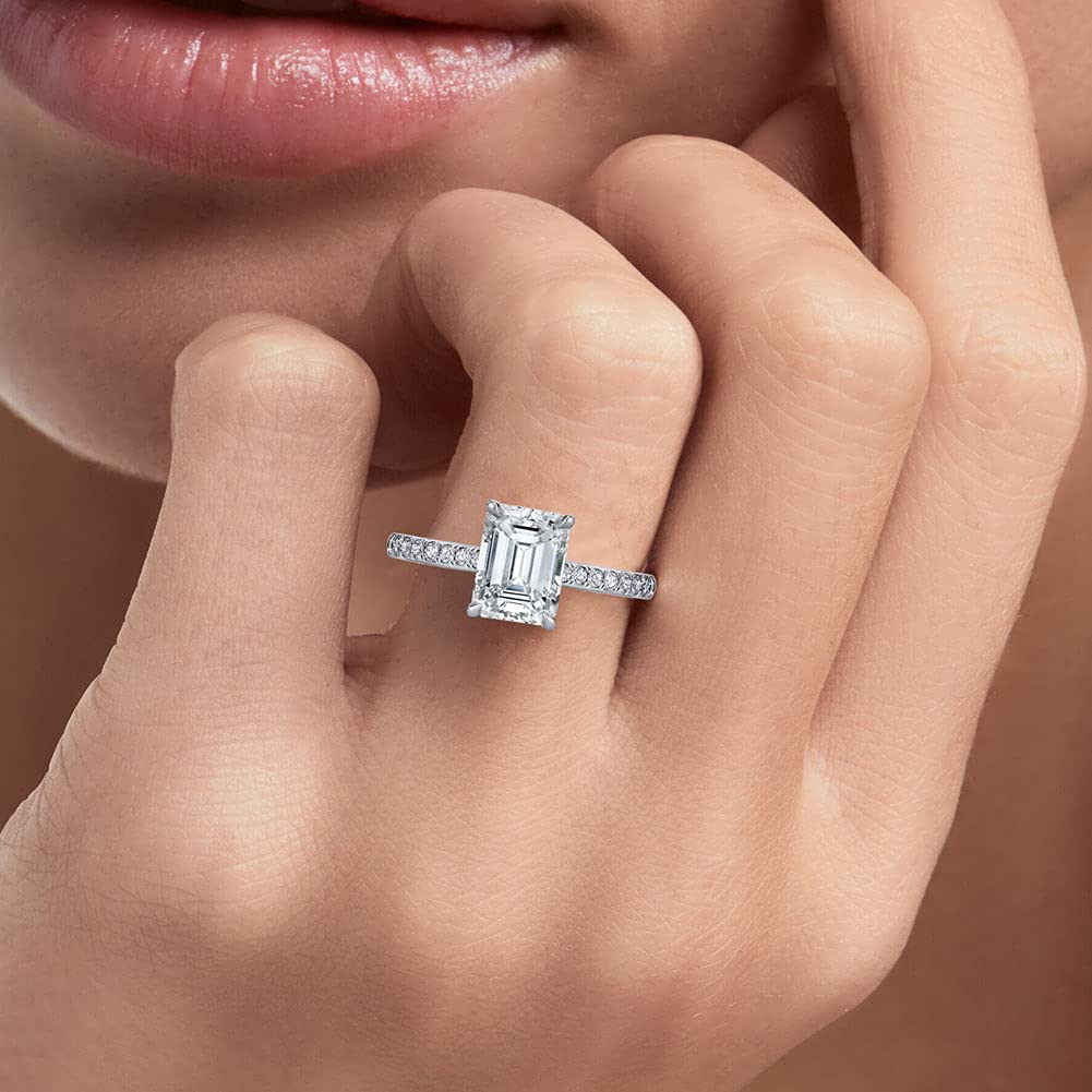 Bo.Dream 2ct Emerald Cut Cubic Zirconia Engagement Rings For Women Platinum Plated Sterling Silver Size 7