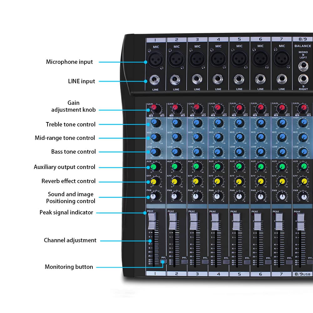 DJ Console Mixer Micfuns 8 Channel with Sound Board USB Bluetooth Audio Interface 48V Phantom Power Mixer Use for DJ Studio PC Recording Singing Webcast Party