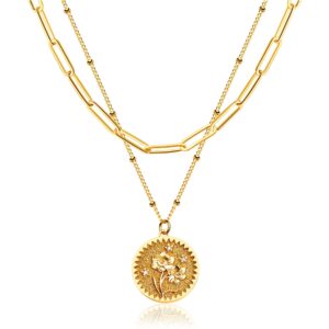 mevecco gold birth flower coin necklace for women paperclip chain choker layered set embossed disc march daffodil pendent 18k gold plated dainty satellite chain birthday jewelry for her