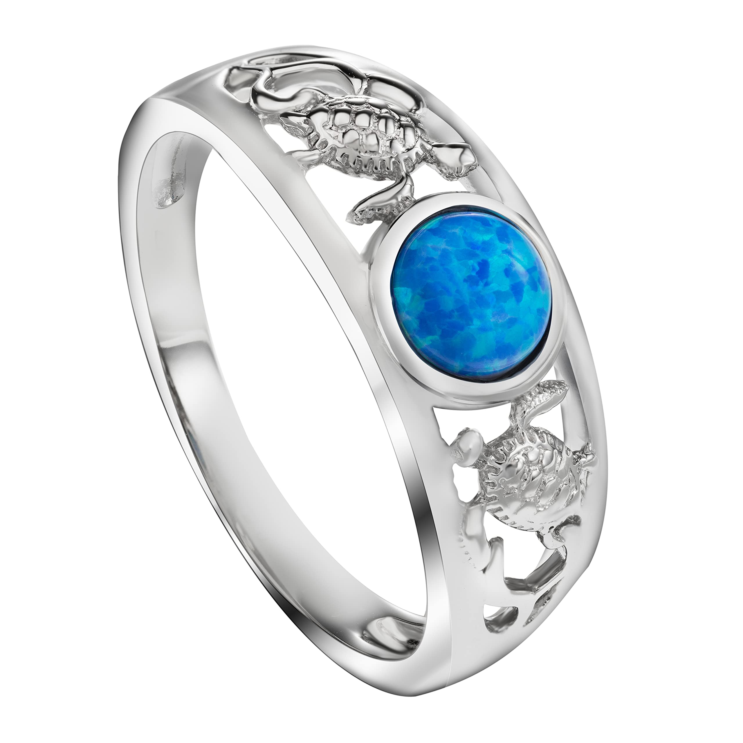 Sterling Silver Opal Two Sea Turtles Tapered Wedding Ring Eternity Band for Women, Hawaiian Island Tropical Ocean Jewelry Gemstone, Gift Box Included (Blue Opal, 8)