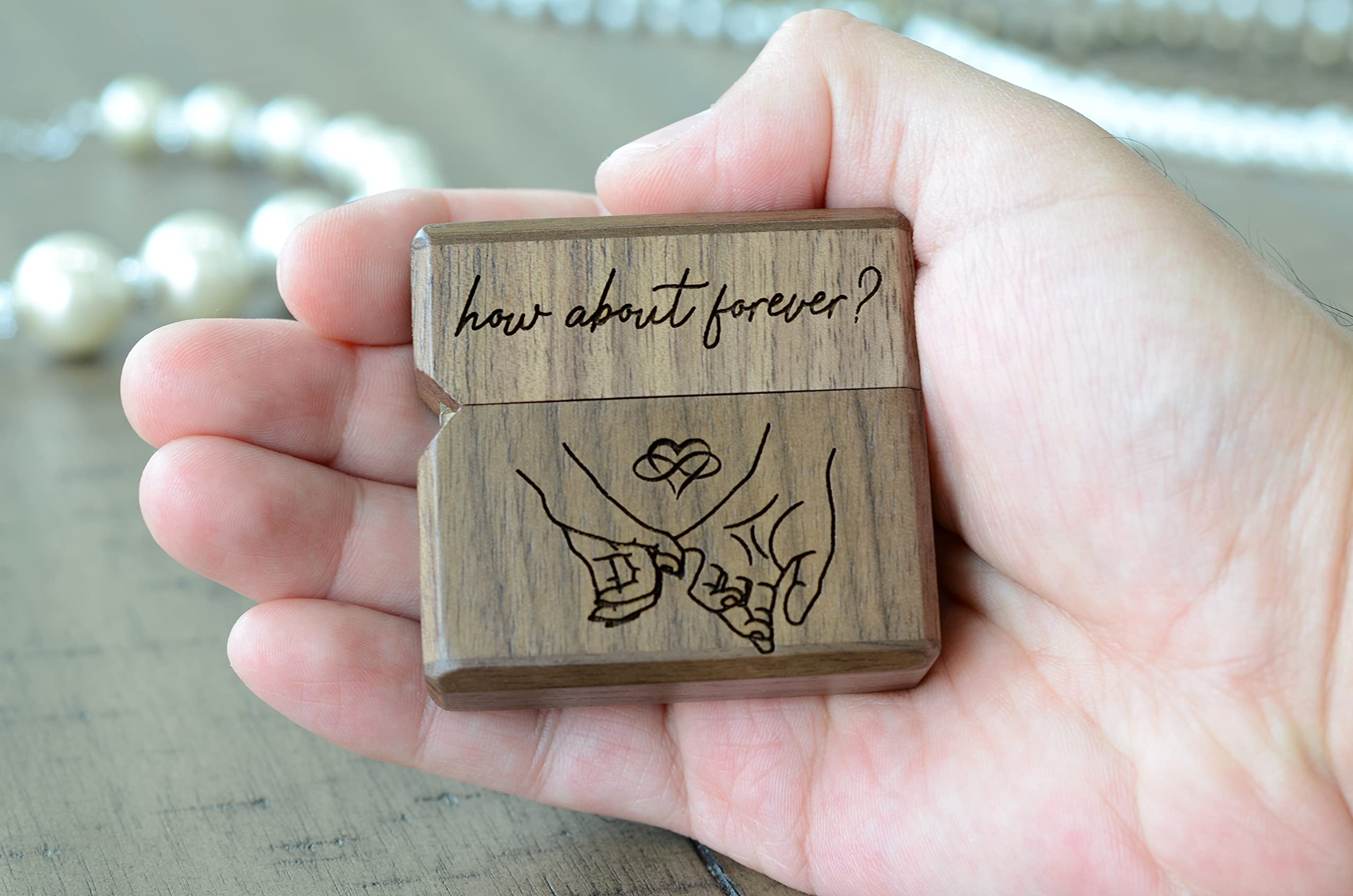 URBAN KRAFTS Engagement Ring Box for Proposal Slim Pocket Size Walnut Wooden Lighter Ring Box Engraved (How About Forever Pinky Promise)