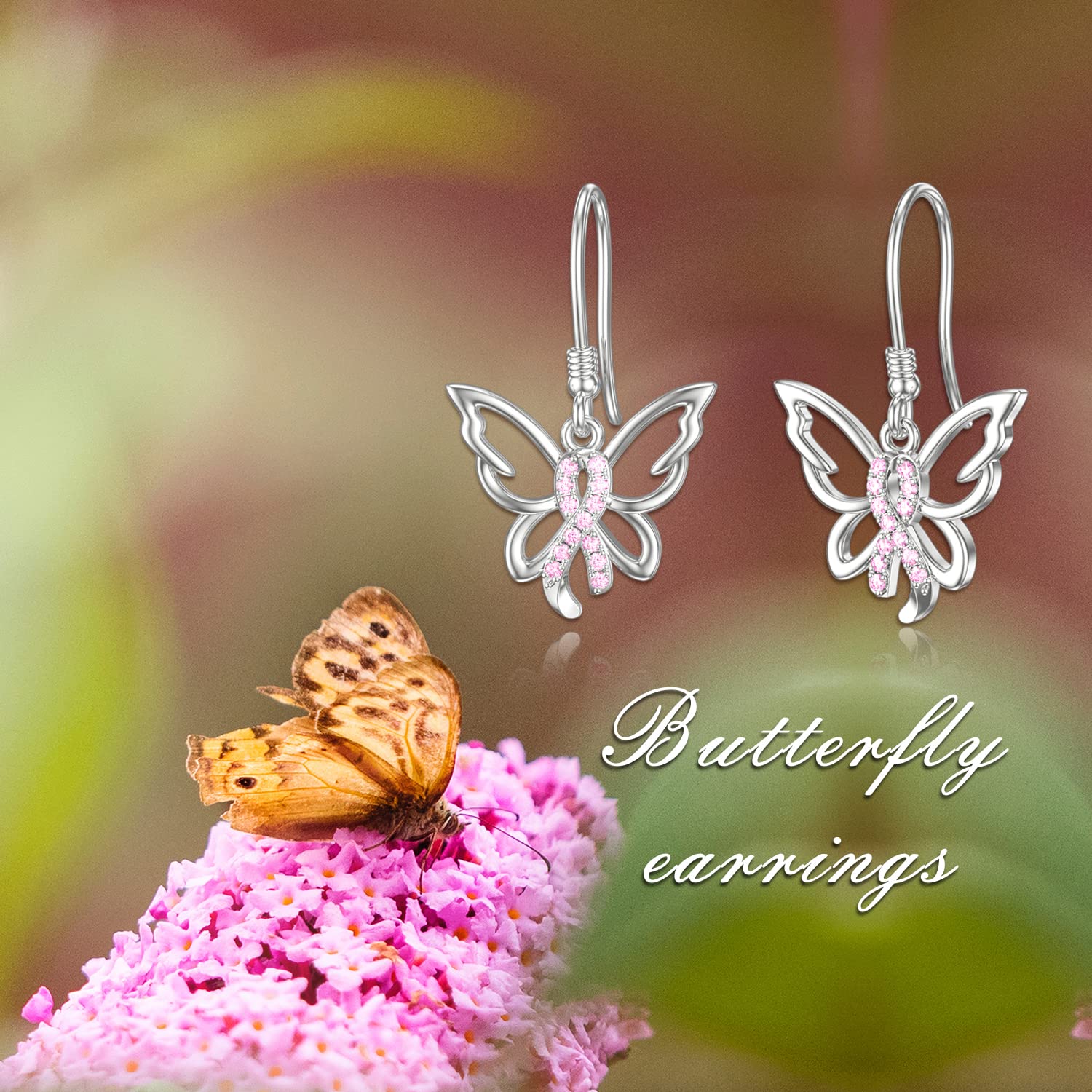 Butterfly Dangle Earrings Sterling Silver Breast Cancer Awareness Earrings Pink Ribbon Earrings Breast Cancer Survivor Gifts for Women