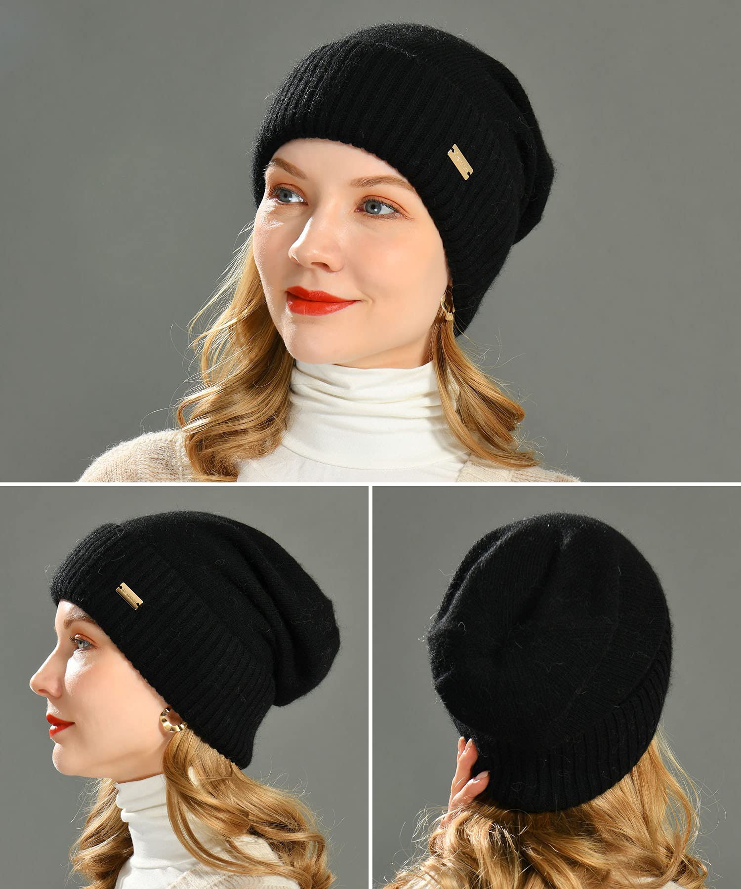 jaxmonoy Cashmere Slouchy Beanies for Women Winter Lightweight Girls Wool Knit Hat Cuffed Soft Warm Slouch Beanie Cap - New Black