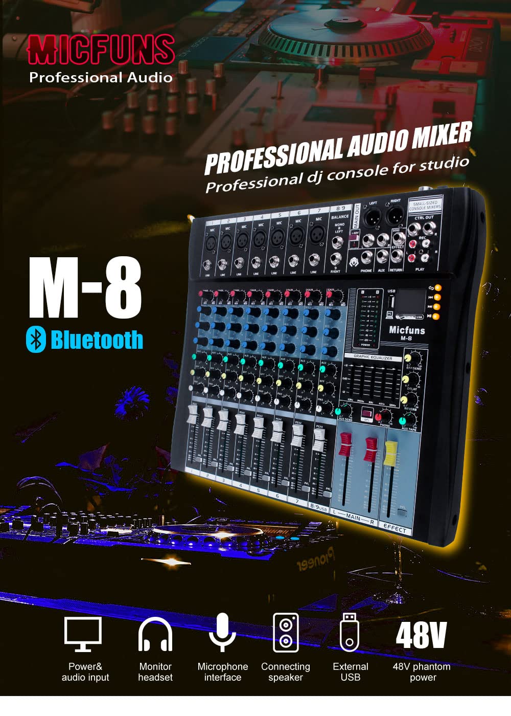 DJ Console Mixer Micfuns 8 Channel with Sound Board USB Bluetooth Audio Interface 48V Phantom Power Mixer Use for DJ Studio PC Recording Singing Webcast Party