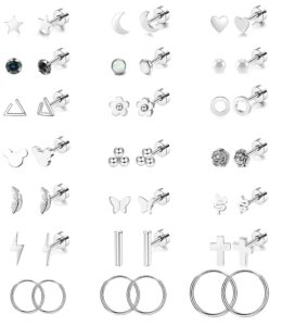 staligue 21 pairs stainless steel earrings set for women men hypoallergenic 20g flat back studs earrings and hoop earrings set star moon flower snake leaf cartilage piercing earrings jewelry gifts