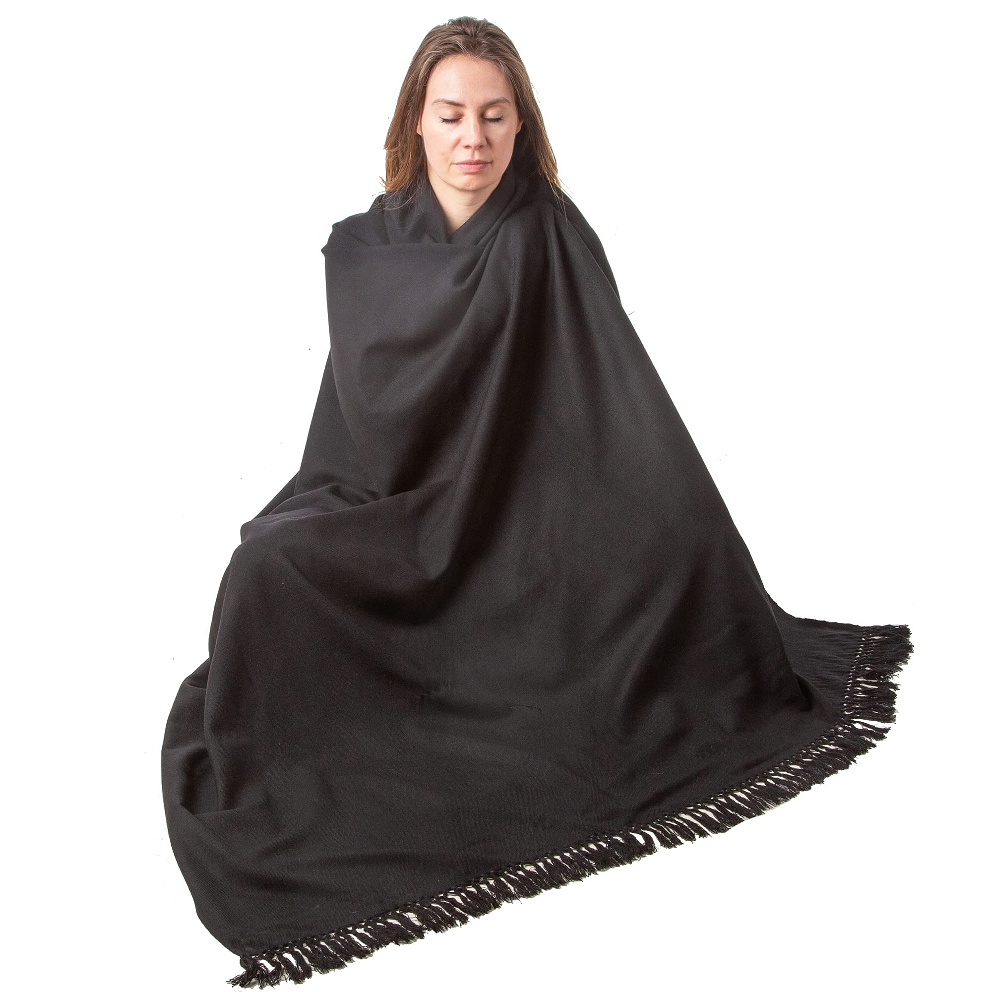 Om Shanti Crafts Meditation Shawl or Meditation Blanket, Wool Shawl or Wrap, Oversize Scarf or Stole, Wool Throw, Indian Blanket. Unisex (Black)