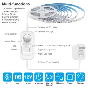 Motion Sensor Lights Indoor Plug-in LED Step Lights Strip with UL FCC Adapter Timer Dimmer Multi-Functional Controller for Stairway Kitchen Cabinet Bedroom Corridor Washroom Counter Shelf Showcase