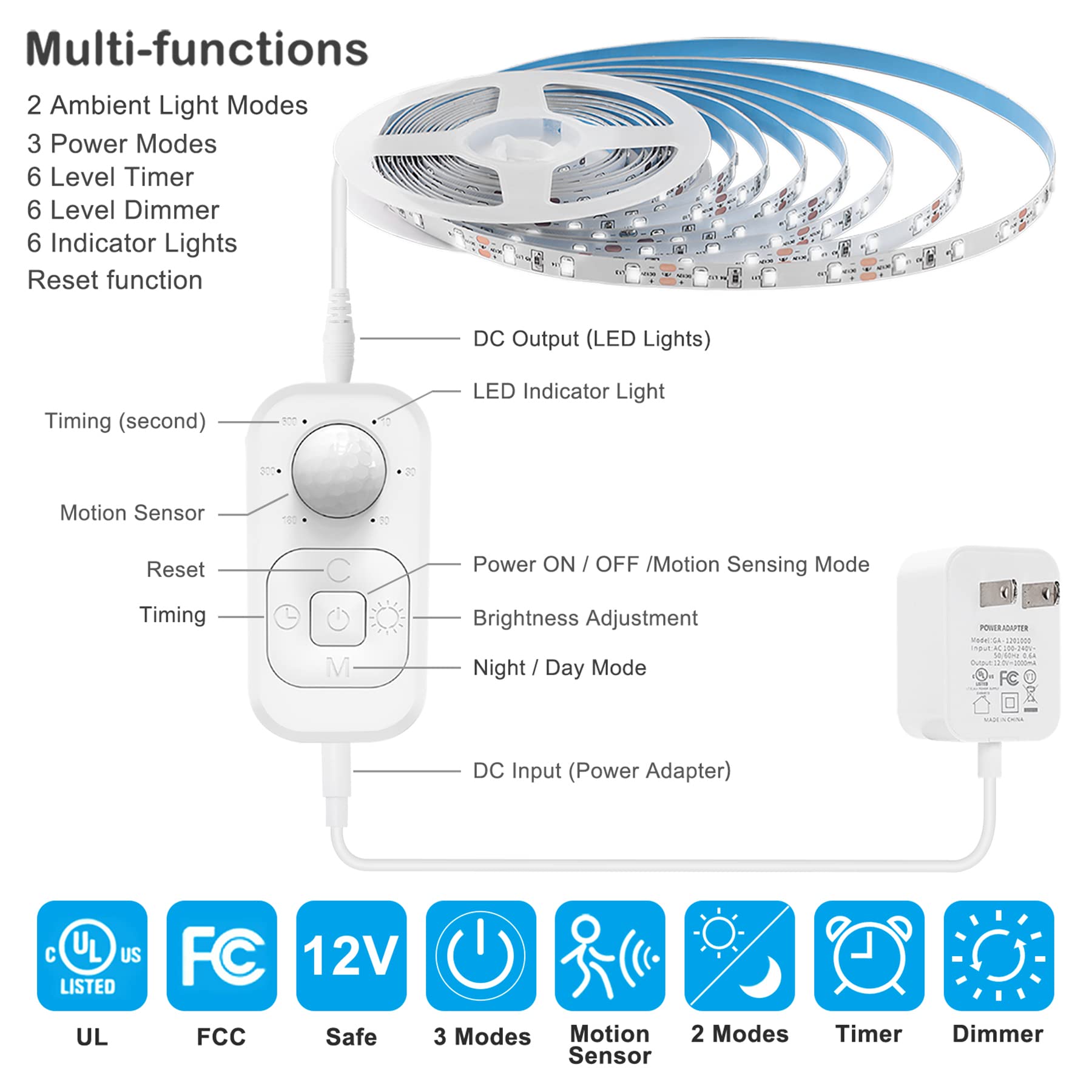 Motion Sensor Lights Indoor Plug-in LED Step Lights Strip with UL FCC Adapter Timer Dimmer Multi-Functional Controller for Stairway Kitchen Cabinet Bedroom Corridor Washroom Counter Shelf Showcase