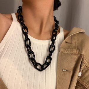 JWICOS Long Acrylic Chunky Necklace for Women Cute Link Paperclip Chain Collar Necklace for Women Gifts (Black)