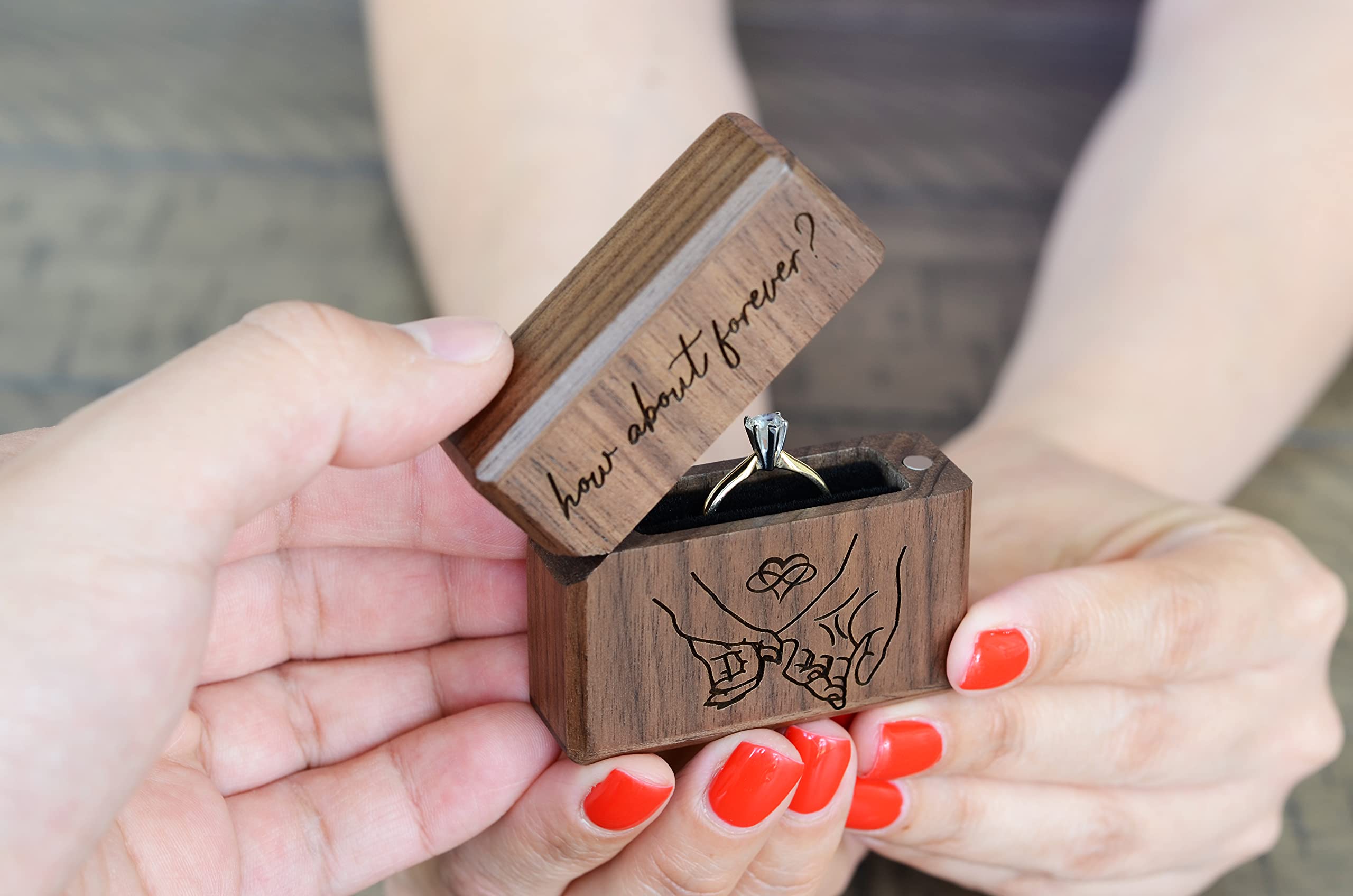 URBAN KRAFTS Engagement Ring Box for Proposal Slim Pocket Size Walnut Wooden Lighter Ring Box Engraved (How About Forever Pinky Promise)