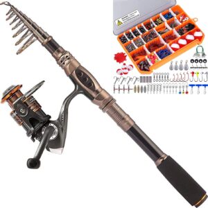 PLUSINNO Fishing Rod and Reel Combos, 263Pcs Fishing Tackle Kit with Tackle Box, Saltwater Freshwater Resistant Fishing Gear