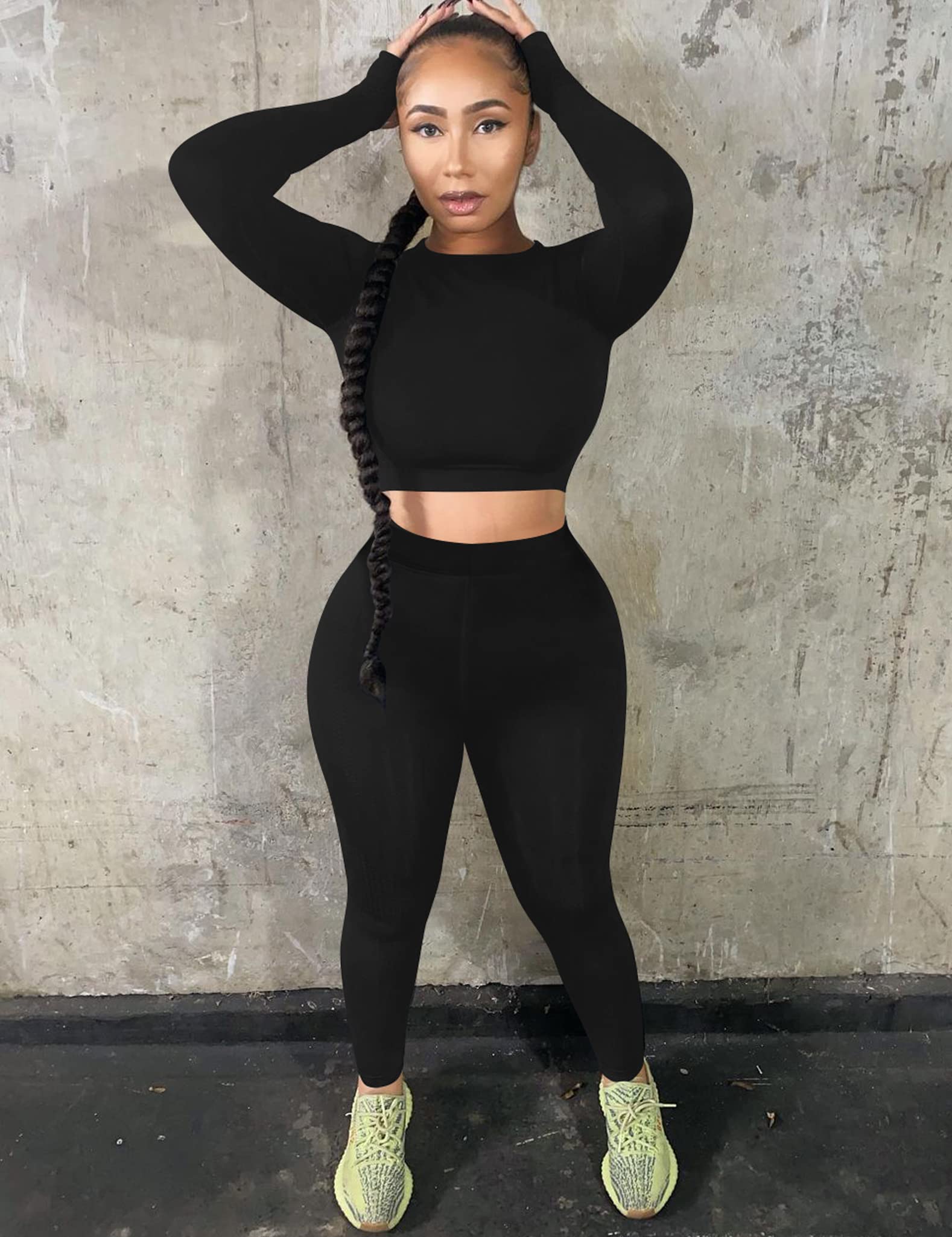 Kaximil Women's Workout Tracksuit 2 Piece Outfits Long Sleeve Crop Top High Waist Legging Pants Set, X-Large, Black