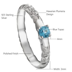 Aloha Jewelry Company Sterling Silver Hawaiian Blue Topaz Princess Plumeria Flower Scroll Ring Stackable Wedding Band, Sizes 5-10 (9)