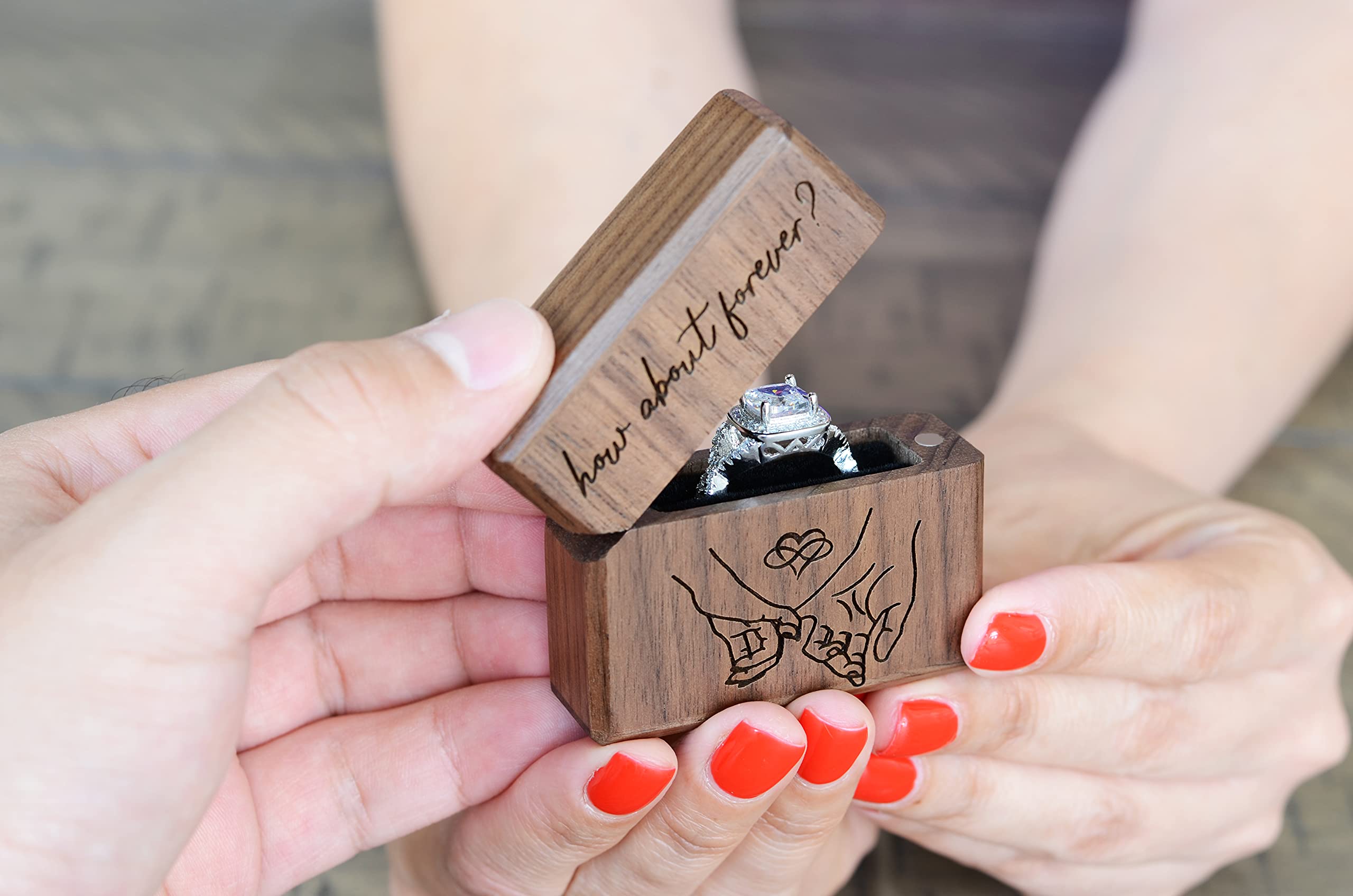 URBAN KRAFTS Engagement Ring Box for Proposal Slim Pocket Size Walnut Wooden Lighter Ring Box Engraved (How About Forever Pinky Promise)