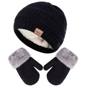 winter mittens gloves beanie hat set for kids baby toddler children, unisex cute thick warm knit fleece lined thermal set for boys girls(black)