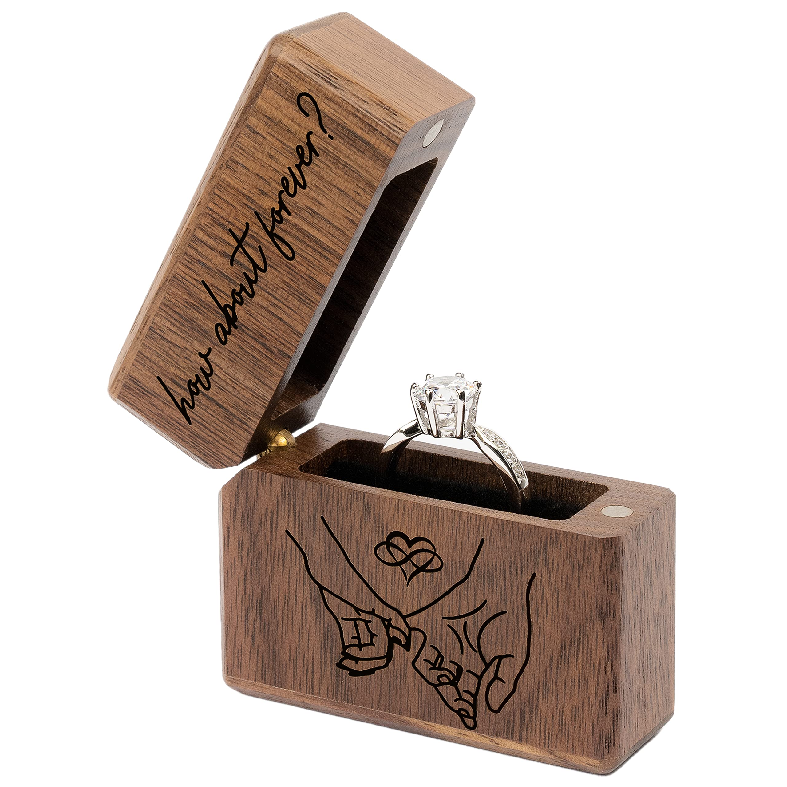 URBAN KRAFTS Engagement Ring Box for Proposal Slim Pocket Size Walnut Wooden Lighter Ring Box Engraved (How About Forever Pinky Promise)