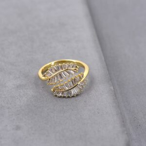 Vescence 18K Gold Plated CZ Open Ring Double Leaf Wrap Rings Adjustable | CZ Stacking Ring in Gold | Unique Statement Ring Cocktail Party Ring Hypoallergenic (VES-2021-R-2-L)