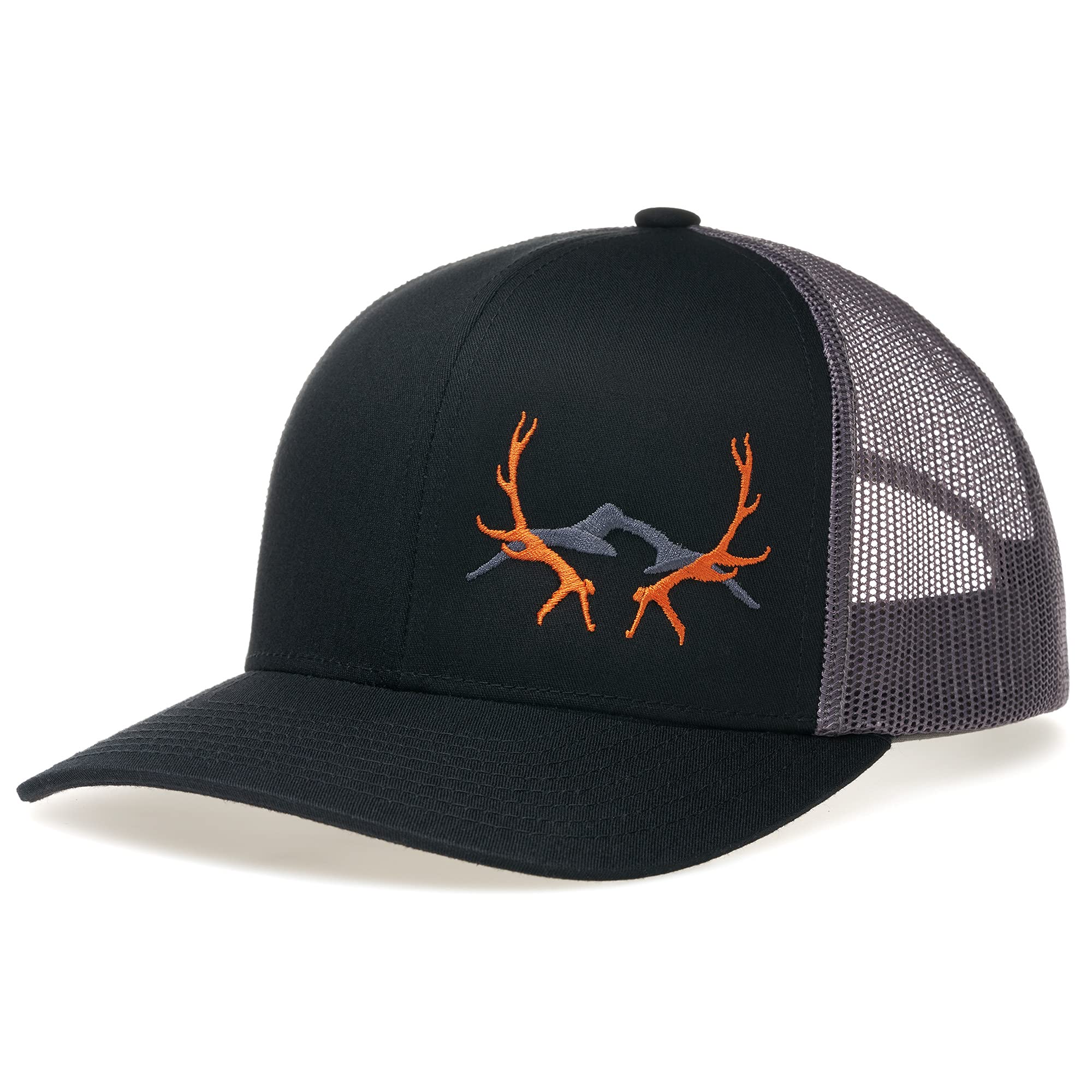 LARIX Elk Mountain Black Gray Trucker Elk Hunting Hats for Men Hat with Horns