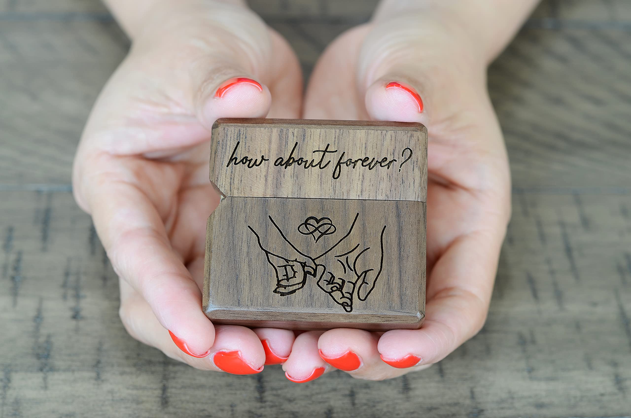 URBAN KRAFTS Engagement Ring Box for Proposal Slim Pocket Size Walnut Wooden Lighter Ring Box Engraved (How About Forever Pinky Promise)