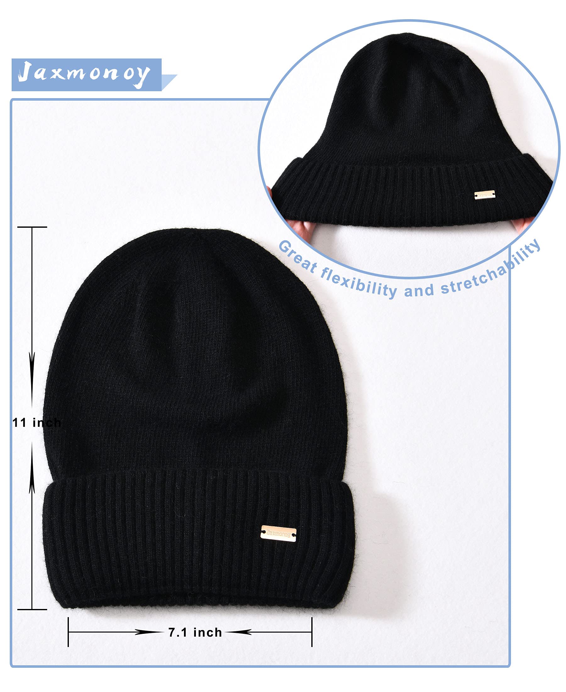 jaxmonoy Cashmere Slouchy Beanies for Women Winter Lightweight Girls Wool Knit Hat Cuffed Soft Warm Slouch Beanie Cap - New Black