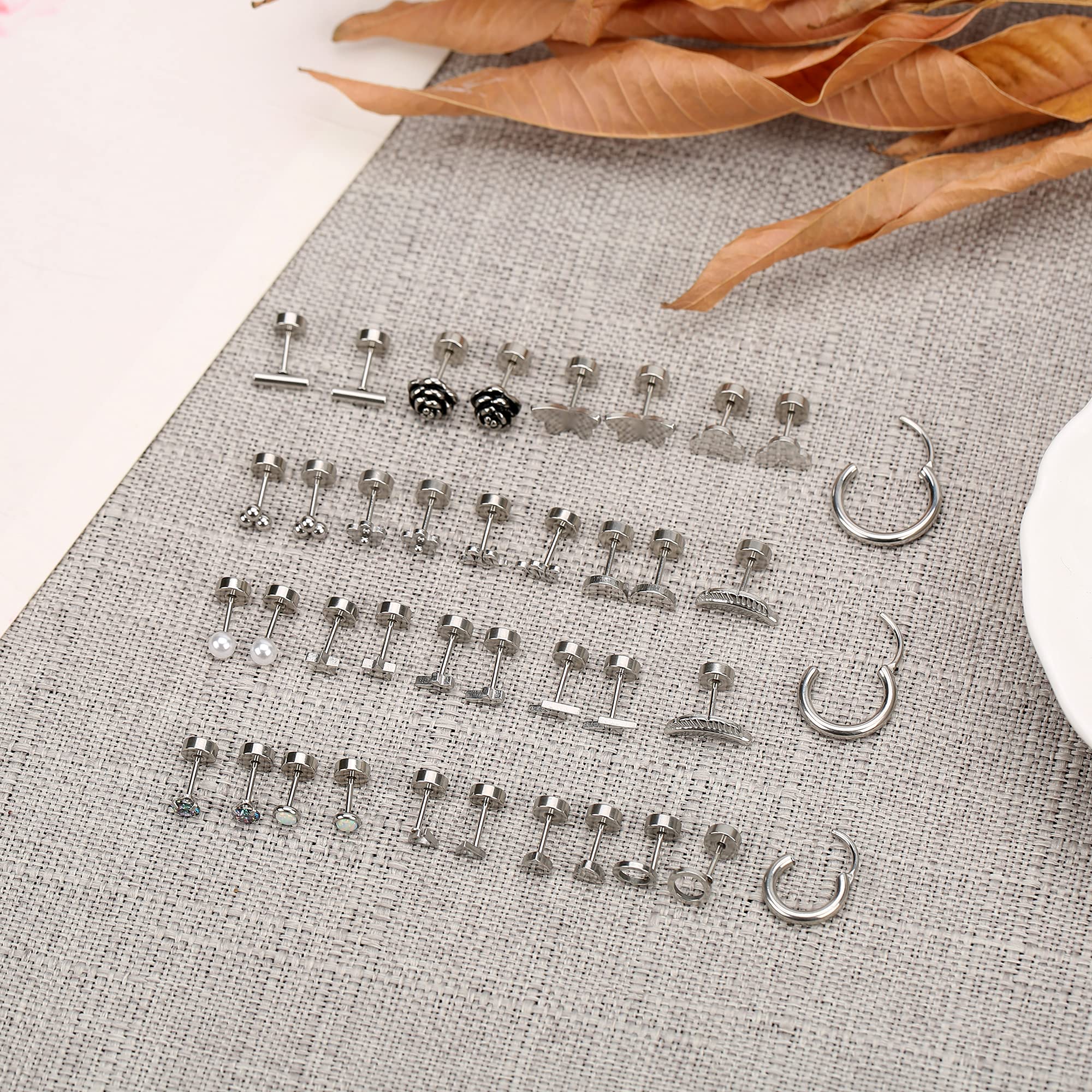 Staligue 21 Pairs Stainless Steel Earrings Set for Women Men Hypoallergenic 20G Flat Back Studs Earrings and Hoop Earrings Set Star Moon flower Snake Leaf Cartilage Piercing Earrings Jewelry Gifts