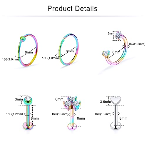 Cisyozi 16G Lip Labret Medusa Monroe Ring Stud Piercing Jewelry for Women 16 Gauge Stainless Surgical Steel Horseshoe Tragus Helix Cartilage Earring Hoop Stud Piercings Jewelry Women Men Rainbrow 8mm