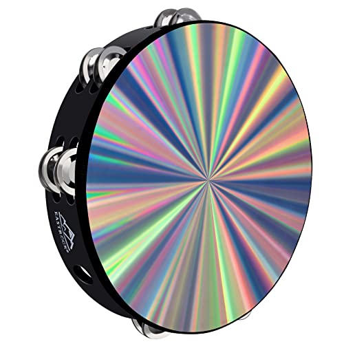 EASTROCK Radiant Tambourine Hand Held Drum 10 Inch Double Row Jingles Reflective Tambourine Musical Instrument for Kids Adults Church KTV Party