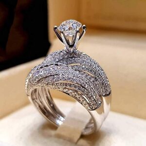 2pcs flash diamond engagement rings simulated diamond engagement rings set engagement ring for women 18k white gold sterling silver cubic zirconia wedding band bridal set (us 7)