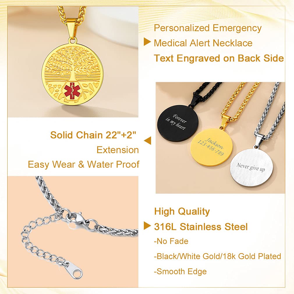 Custom4U Medical Alert Necklace for Women Men Personalized Stainless steel Medical ID Tag Pendant with Free Engraving