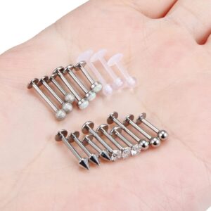 Ovxznts 18Pcs Assorted Length 16G Lip Rings for Women Men Surgical Steel Medusa Piercing Jewelry Labret Studs CZ Diamond Opal Tragus Forward Helix Earrings Retainer Silver-tone