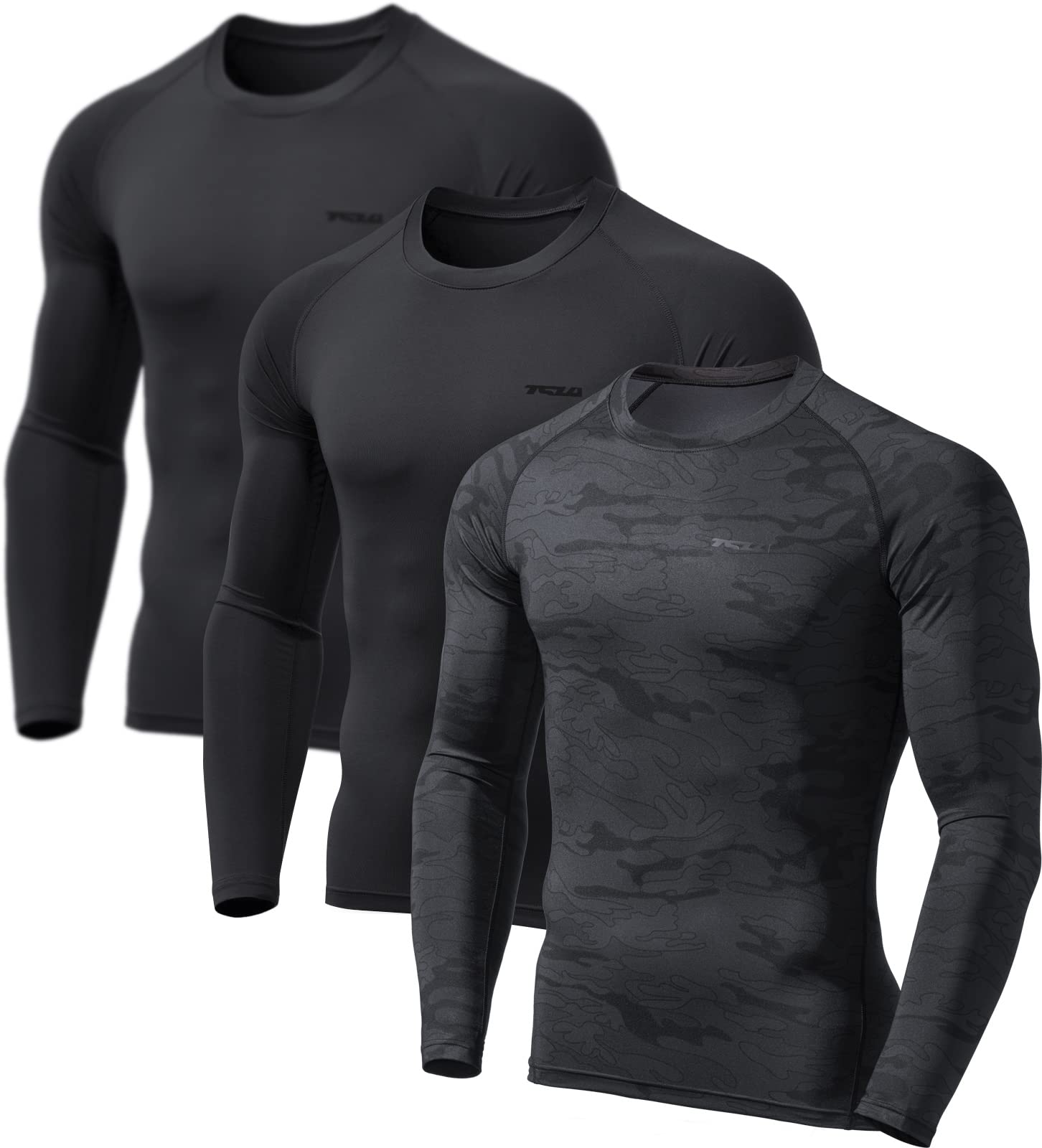 TSLA Men's UPF 50+ Compression 3-Pack - Long Sleeve Athletic Workout Shirt, Water Sports Rash Guard, Large Black/Urban Camo