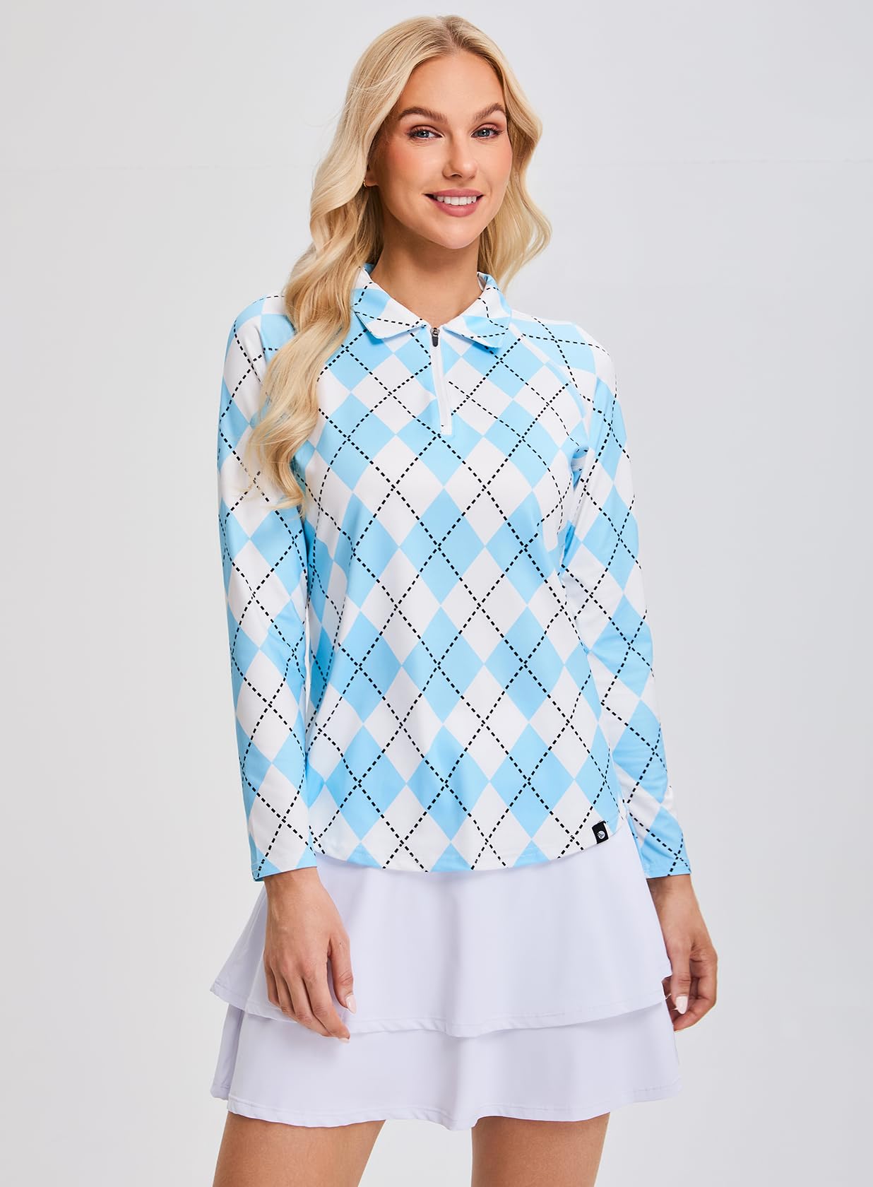 Women Long Sleeve Moisture Wicking Sport Golf Polo Shirt Tops（Blue Plaid,S